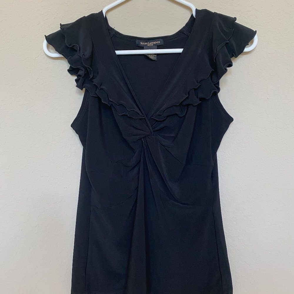 Susan Lawrence Black Ruffle Sleeve V Neck Top Blouse Size Petite Medium (PM)